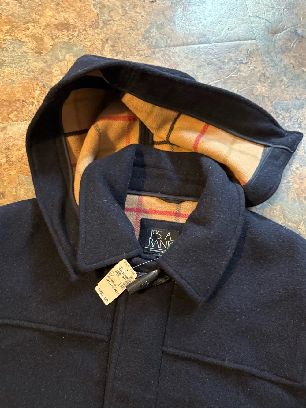 Jos. A. Bank Navy Wool Hooded Toggle Pea Coat Mens Large Zip New